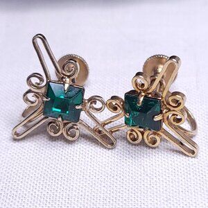 Vintage Art Deco Gold Tone and Green Stone Screw Back Earrings
